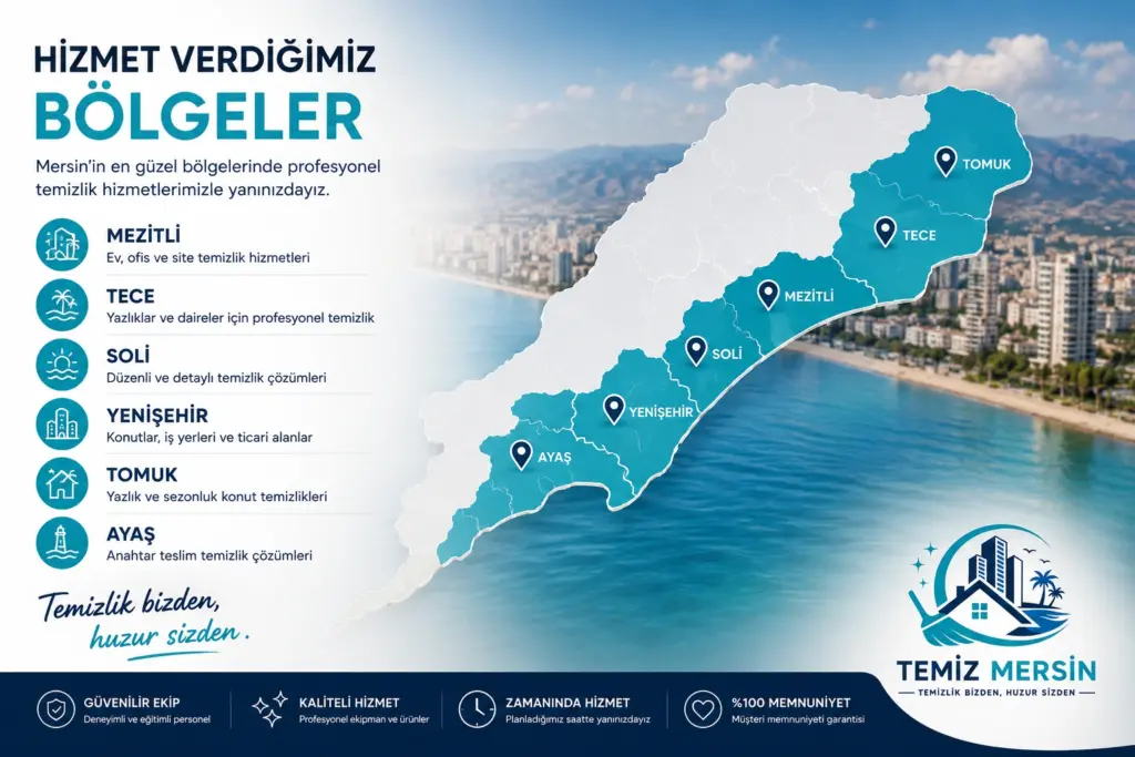 Temiz Mersin hizmet bölgeleri haritası - Mezitli, Tece, Soli, Yenişehir, Tomuk ve Ayaş temizlik hizmetleri